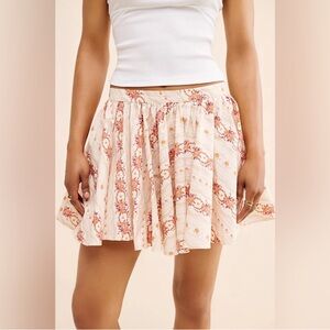 Free People Gaia Floral Print 100% Cotton Mini Skirt, Elastic Waist, Size Medium